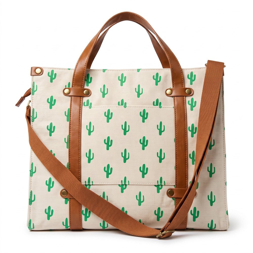 ModCloth Cactus Print Canvas Tote Bag Brown Trim Crossbody Messenger Cream Green